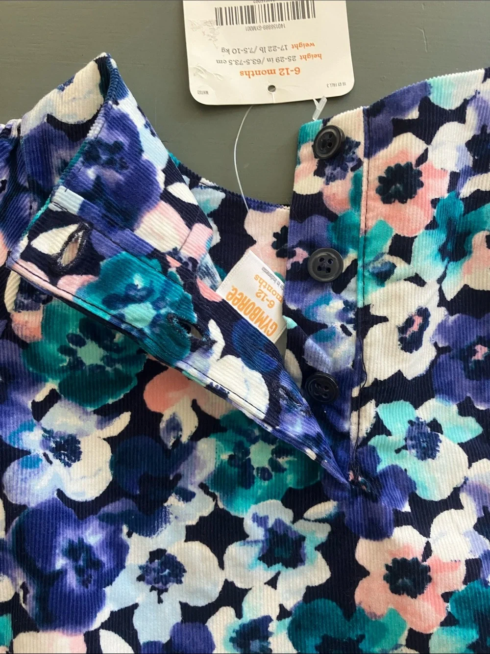 GYMBOREE Cotton Corduroy Blue/Teal/Pink Floral Peplum Dress L/S Size 6-12 M NWT